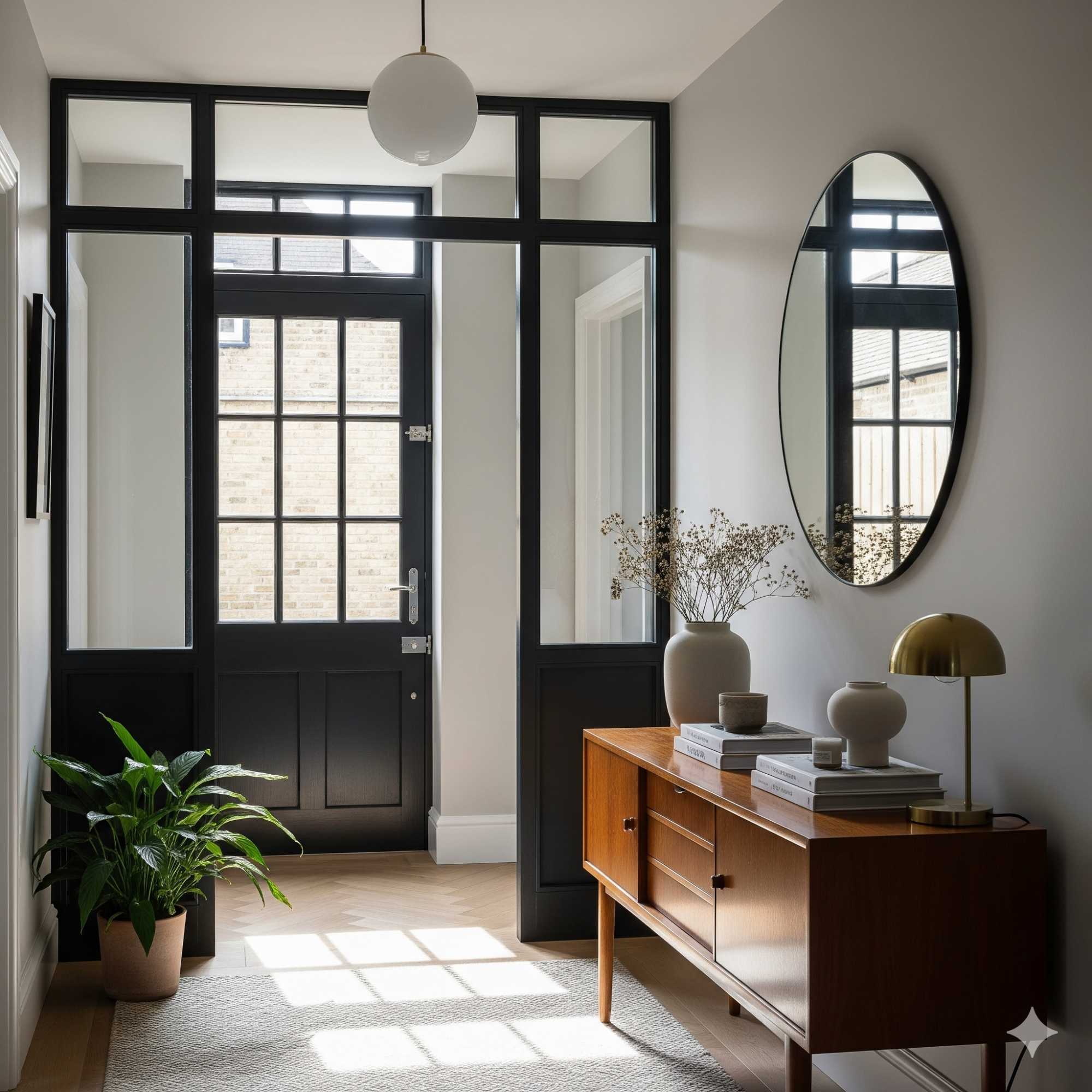 Crittall-Style Doors Modern hallway with black door, round mirror, wooden sideboard, and indoor plants.