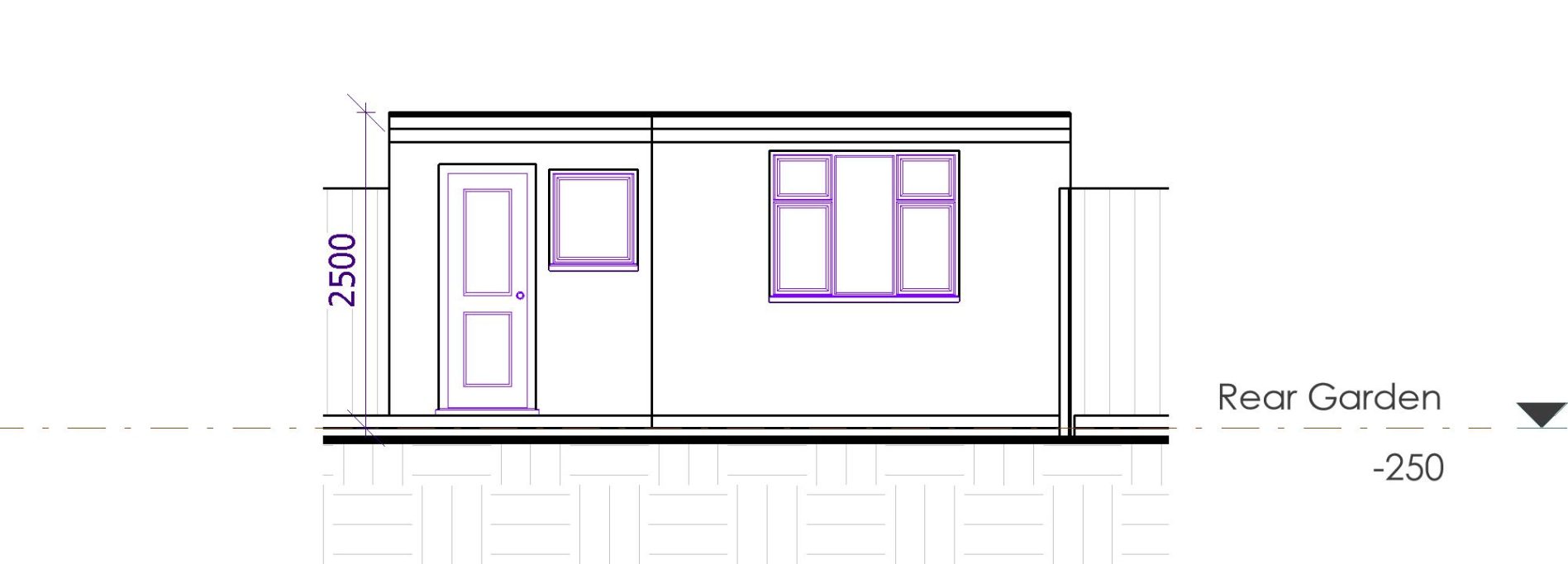 Garden Annex - Front Elevation Architectural drawing of a building side elevation with door and window placements.