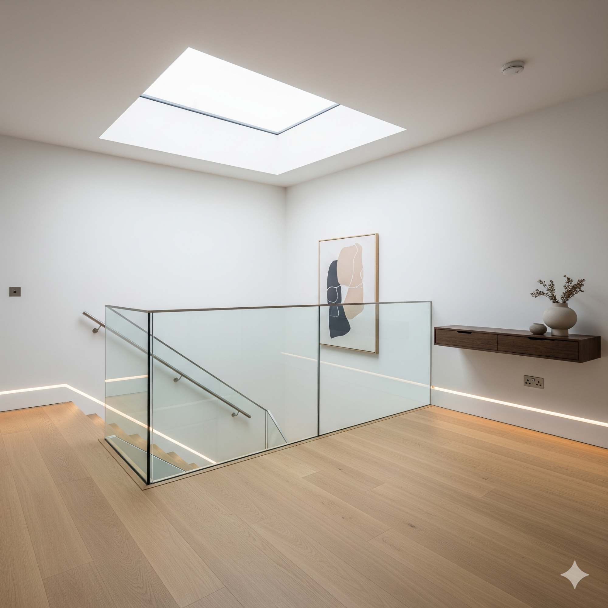 Modern & Minimalist Modern interior with glass railing, wooden floor, skylight, and minimalist decor.