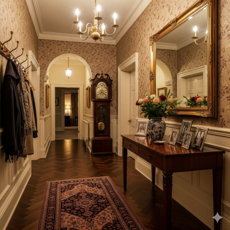 UK Entrance Elegant hallway with a vintage clock, mirror, decorative table, and floral arrangement.