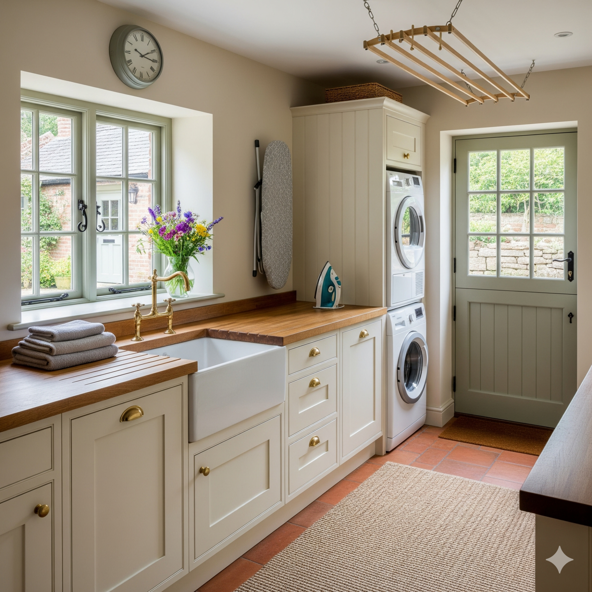 Traditional - Country Bright kitchen with a ceramic sink, washing machine, and wooden countertops. Fresh flowers on display.