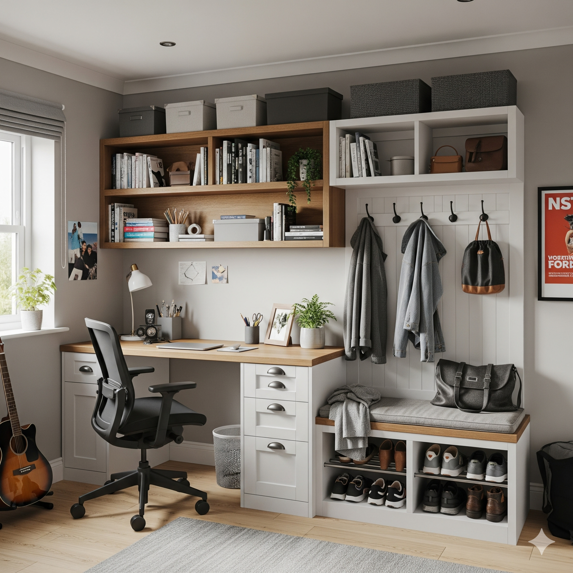 Functional (Bootility) & Study Pod A modern home office with a desk, chair, shelves, and organised storage.
