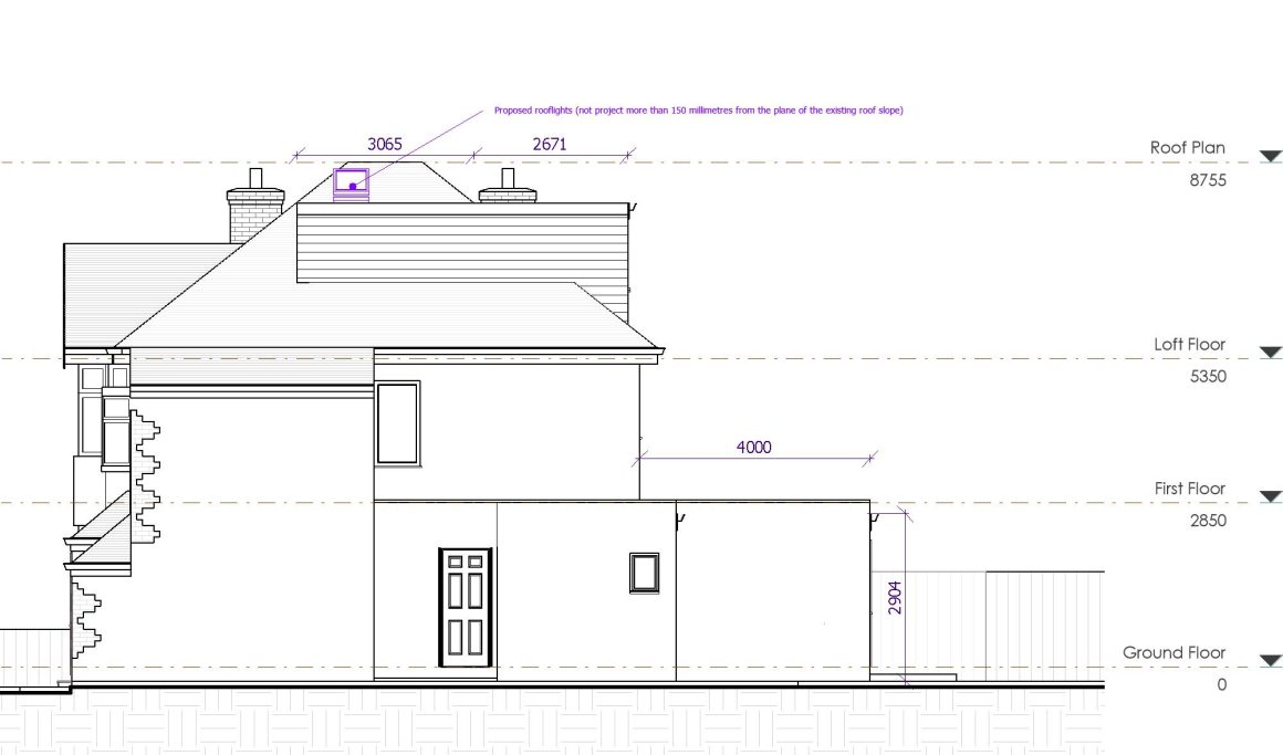 Proposed Side Elevation Side elevation drawing of a house, including dimensions and architectural features.