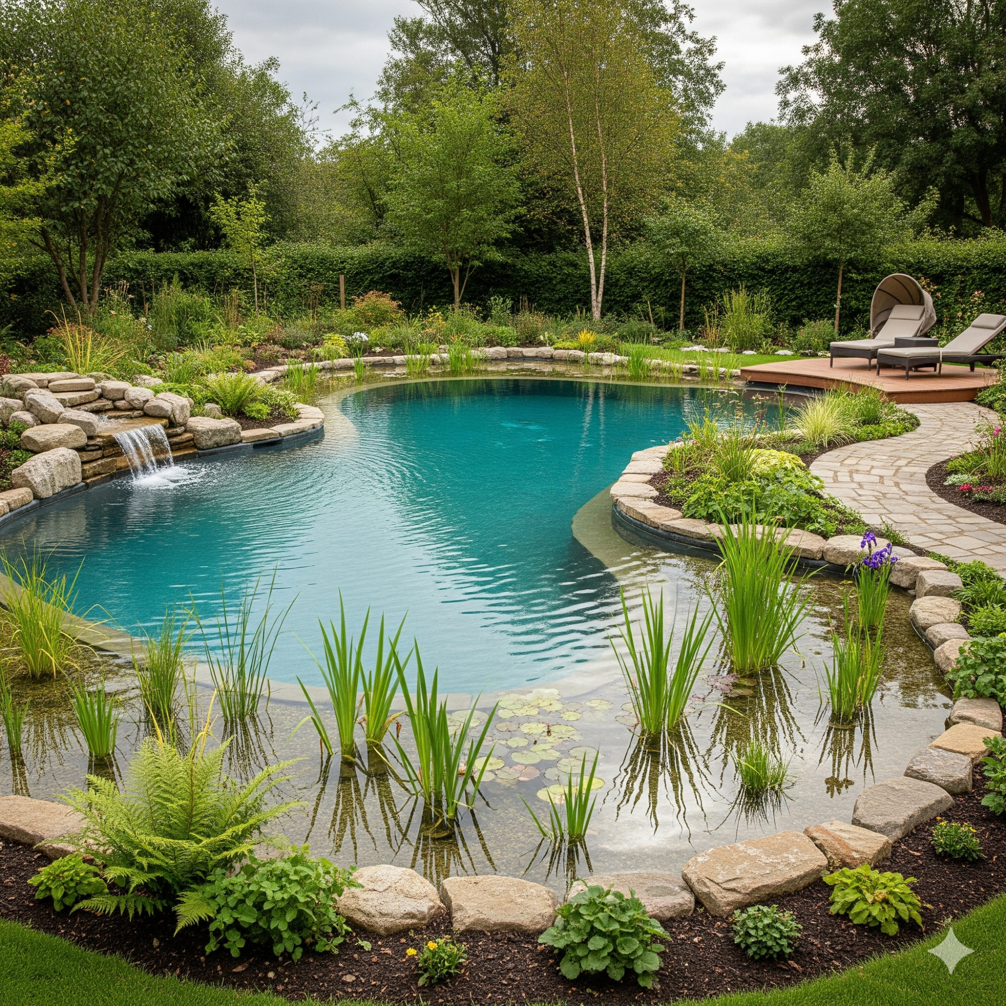 Natural A serene garden pool surrounded by lush greenery and stone pathways.
