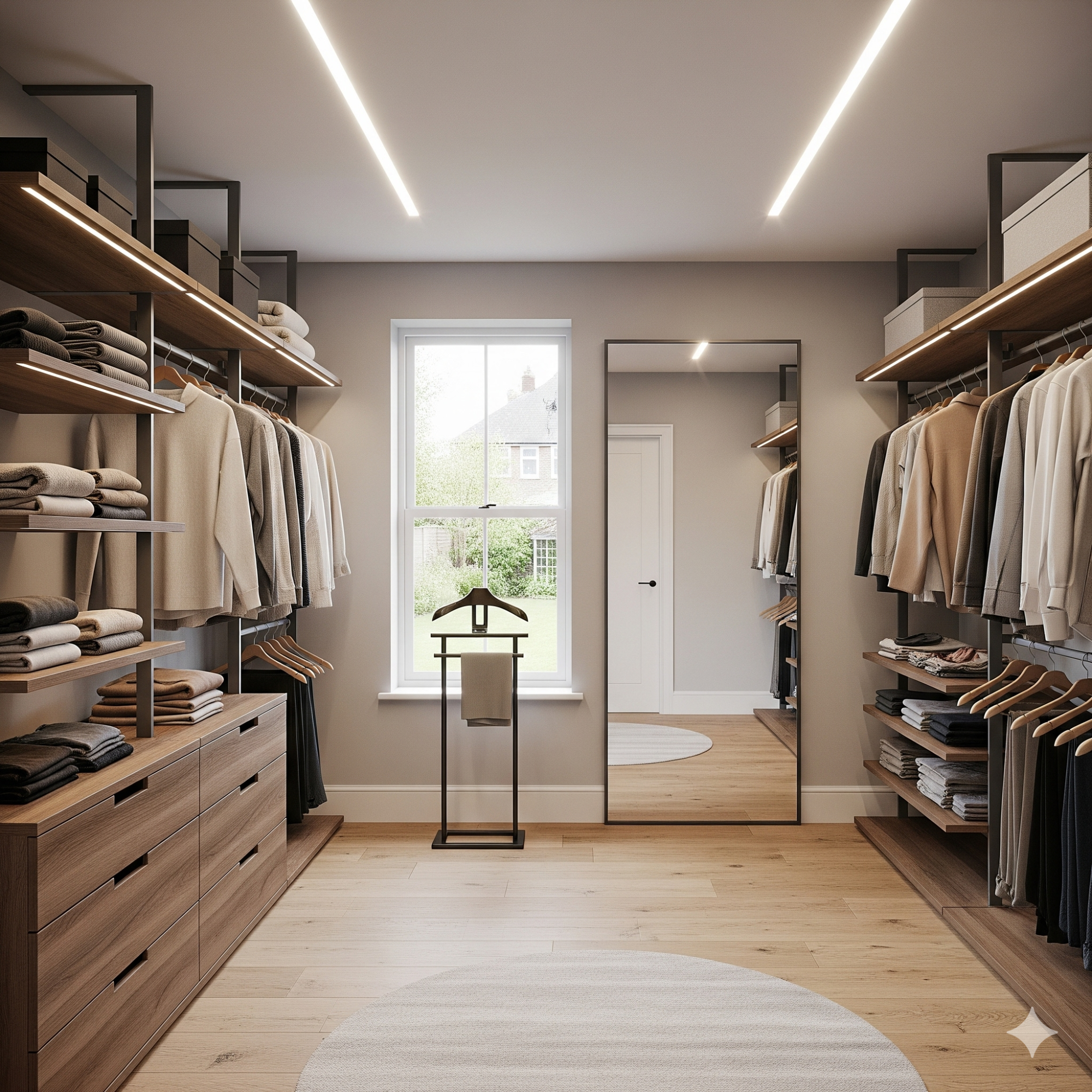 Open & Minimalist Modern walk-in wardrobe featuring shelves of clothes, a mirror, and natural light.