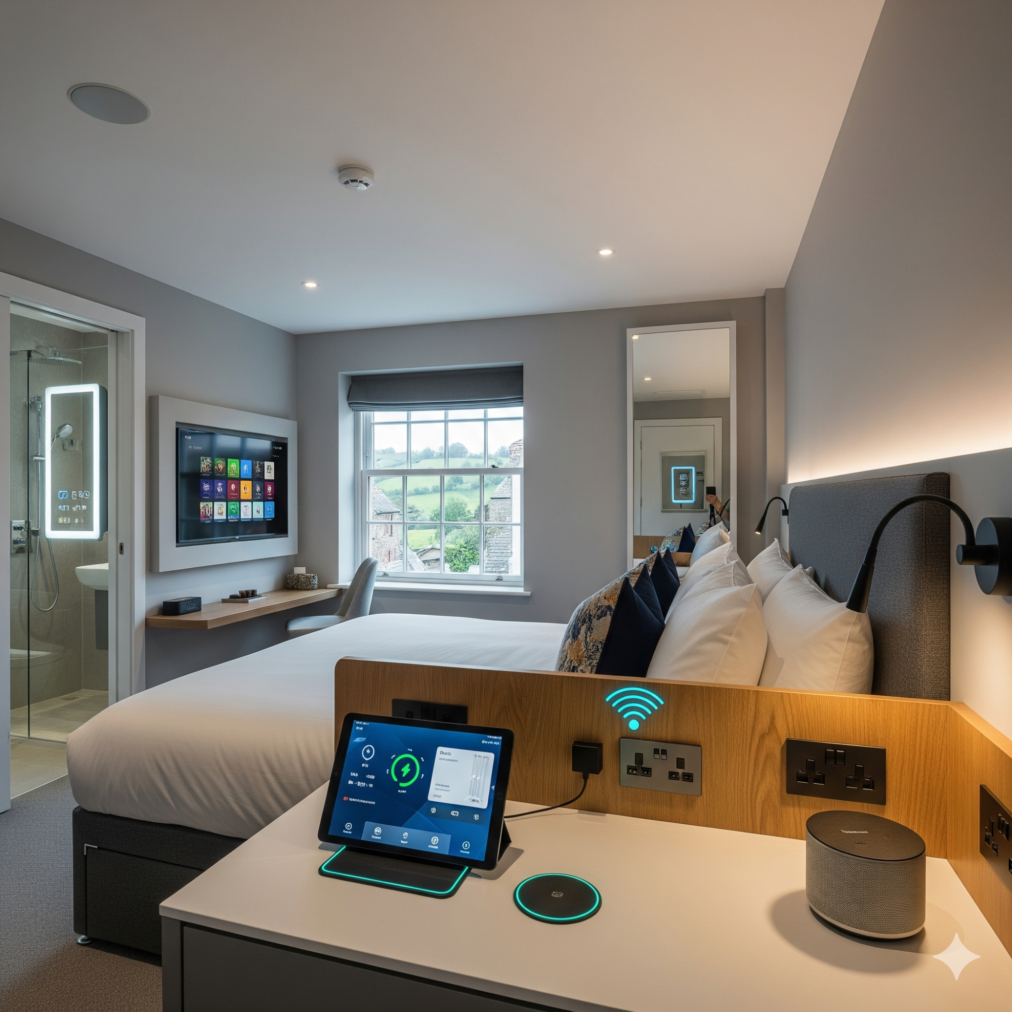 Smart Technology Modern hotel room with a double bed, desk, tablet, and en-suite bathroom.