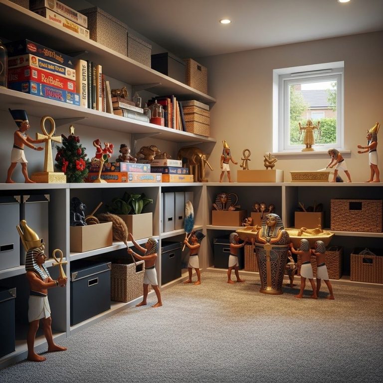 UK home Additional Storage Room A room with shelves displaying miniature Egyptian figures and organized boxes.