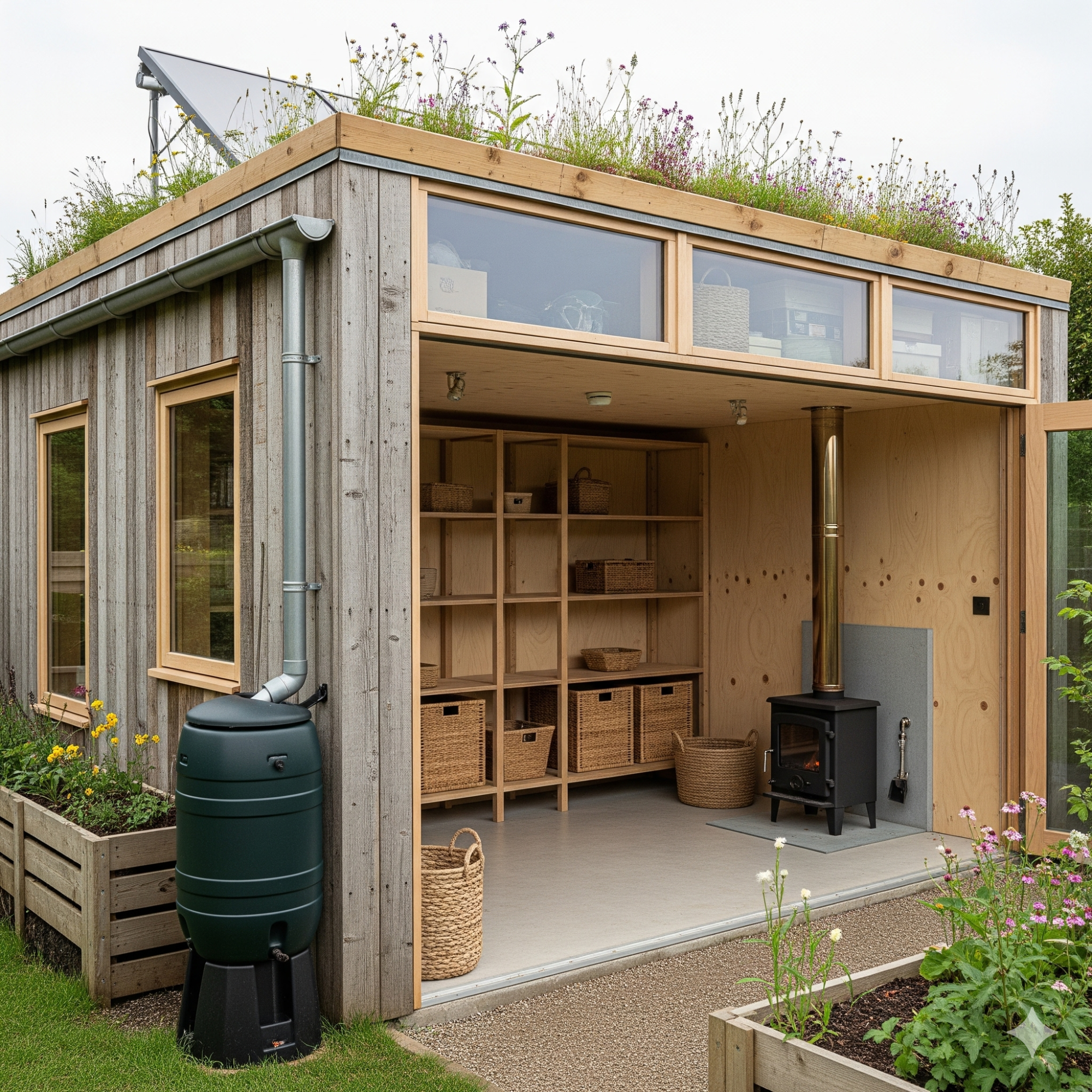 Sustainability A modern wooden shed with a green roof and open front, featuring shelving and a stove inside.
