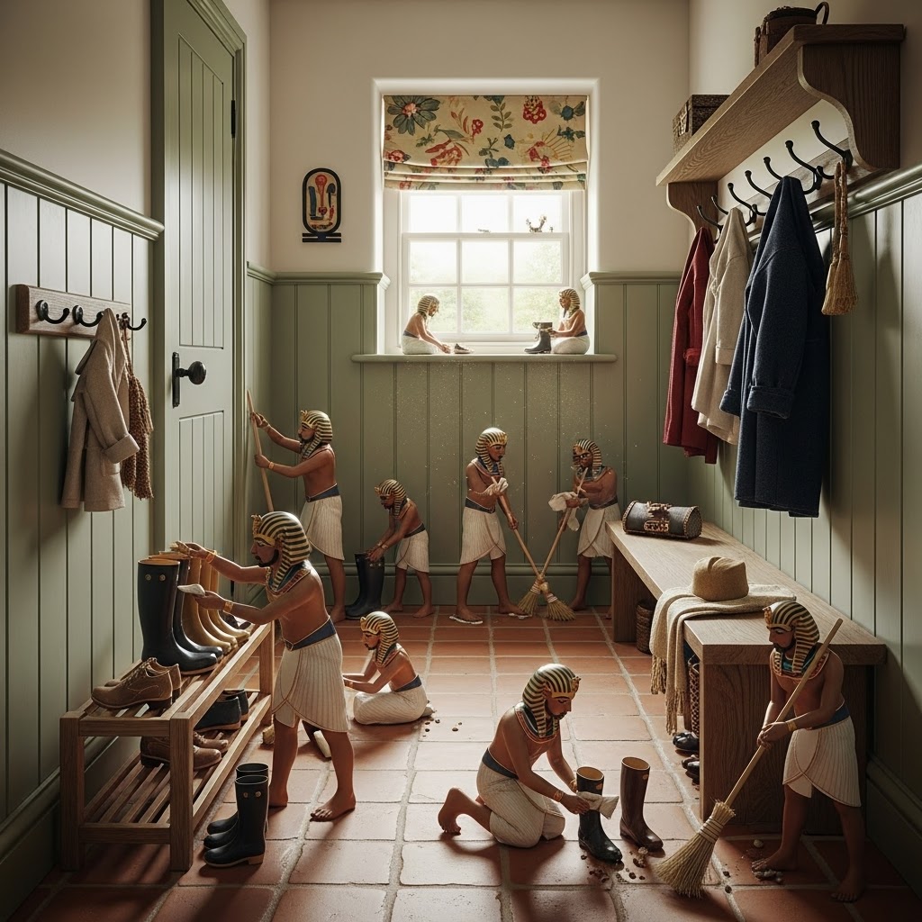 Boot Room - cloakroom Children in a vintage-style room, cleaning and tidying up with brooms and boots.