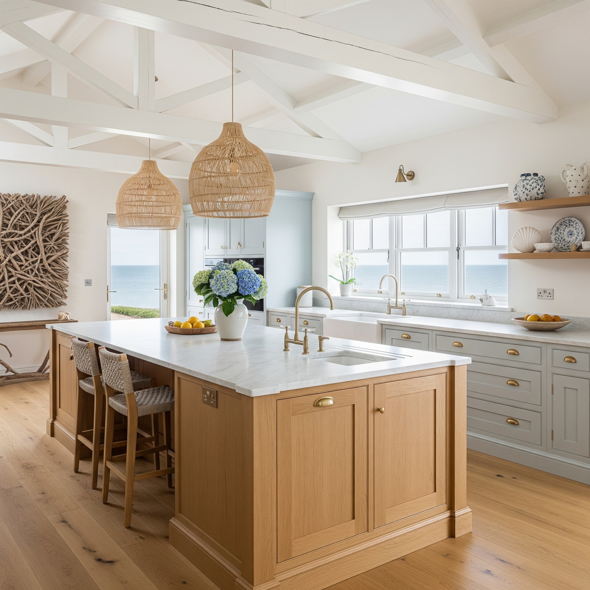 CoastalBeach style Bright kitchen with wooden island, white cabinetry, and ocean view through large windows.
