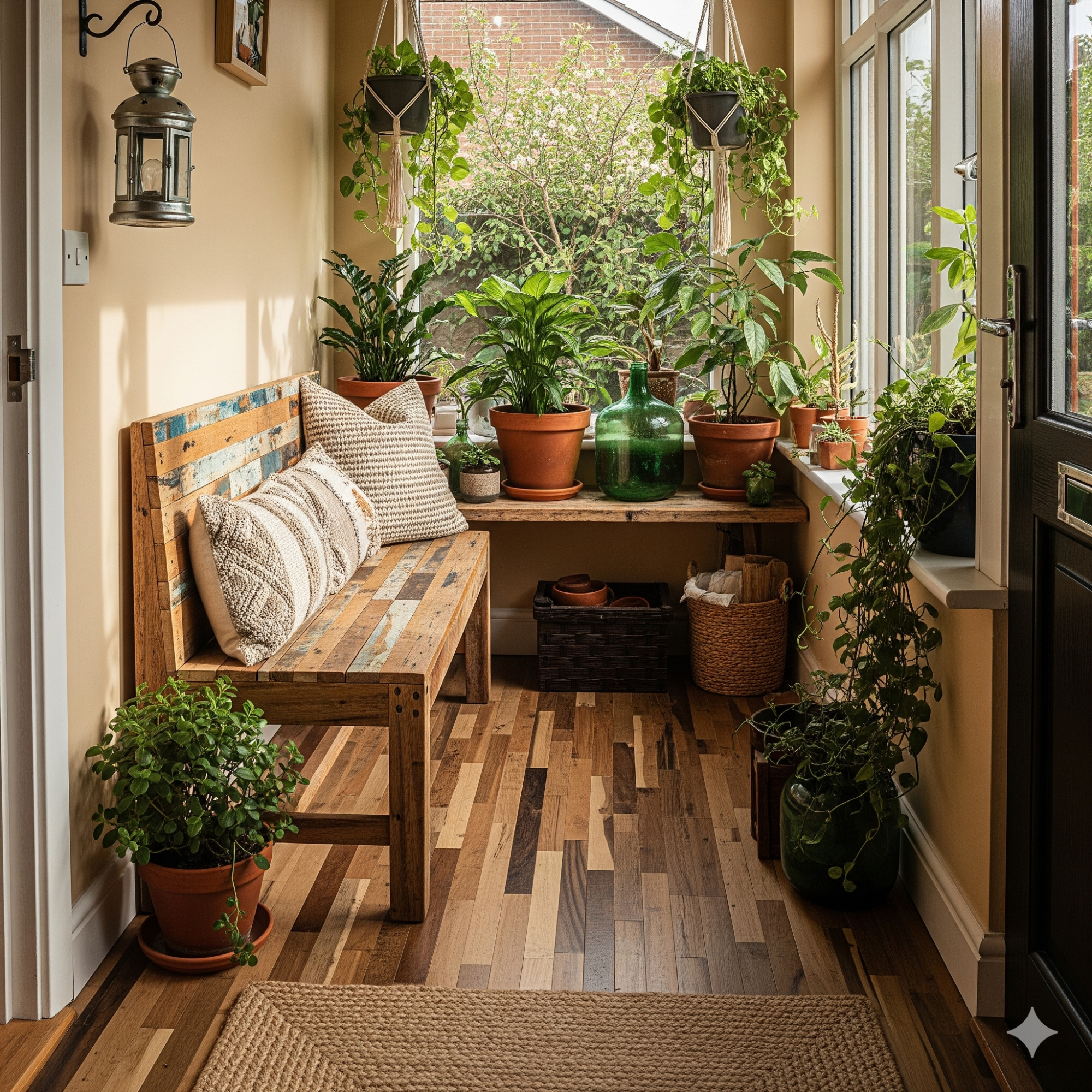 Sustainability A bright sunlit room with plants, a wooden bench, and a wooden floor.
