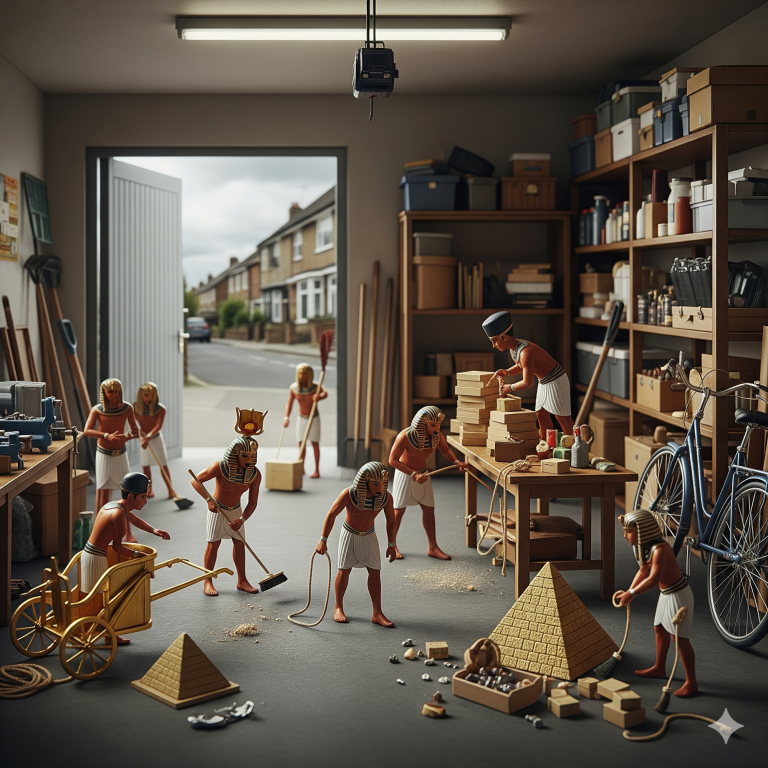 UK home garage Miniature figures recreating an ancient construction scene in a workshop setting.