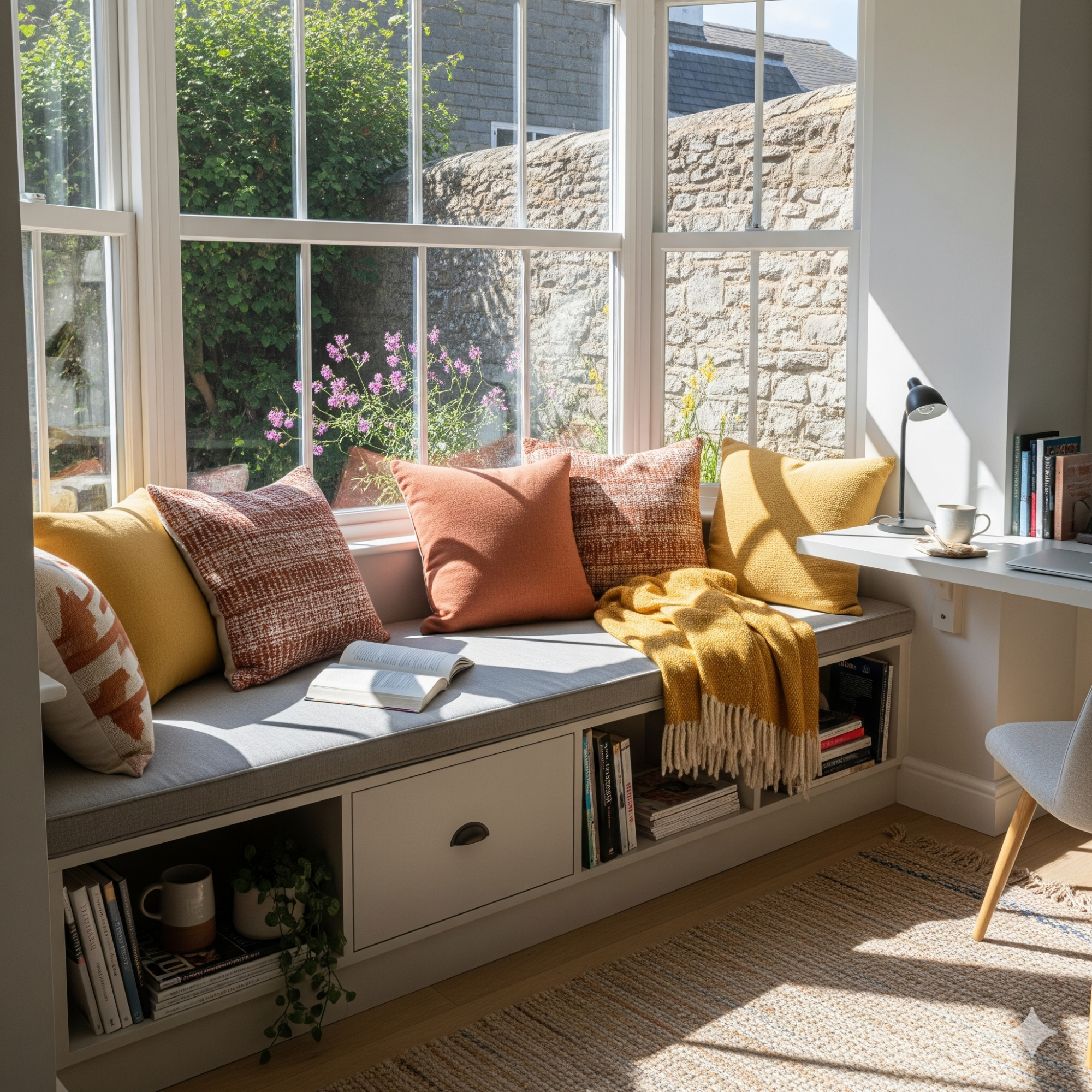 Multi-functional Nooks Cozy window seat with cushions, a throw, and a view of a garden outside.