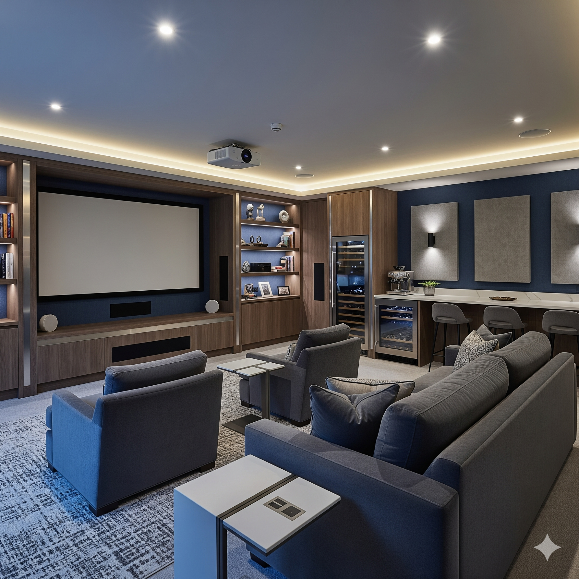 The (Resimercial) Look Modern home theatre with a large screen, seating, and ambient lighting.