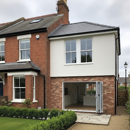 Guide to UK Double Storey Side Extensions! Modern house extension featuring large windows and a glass door, with a neatly landscaped lawn.