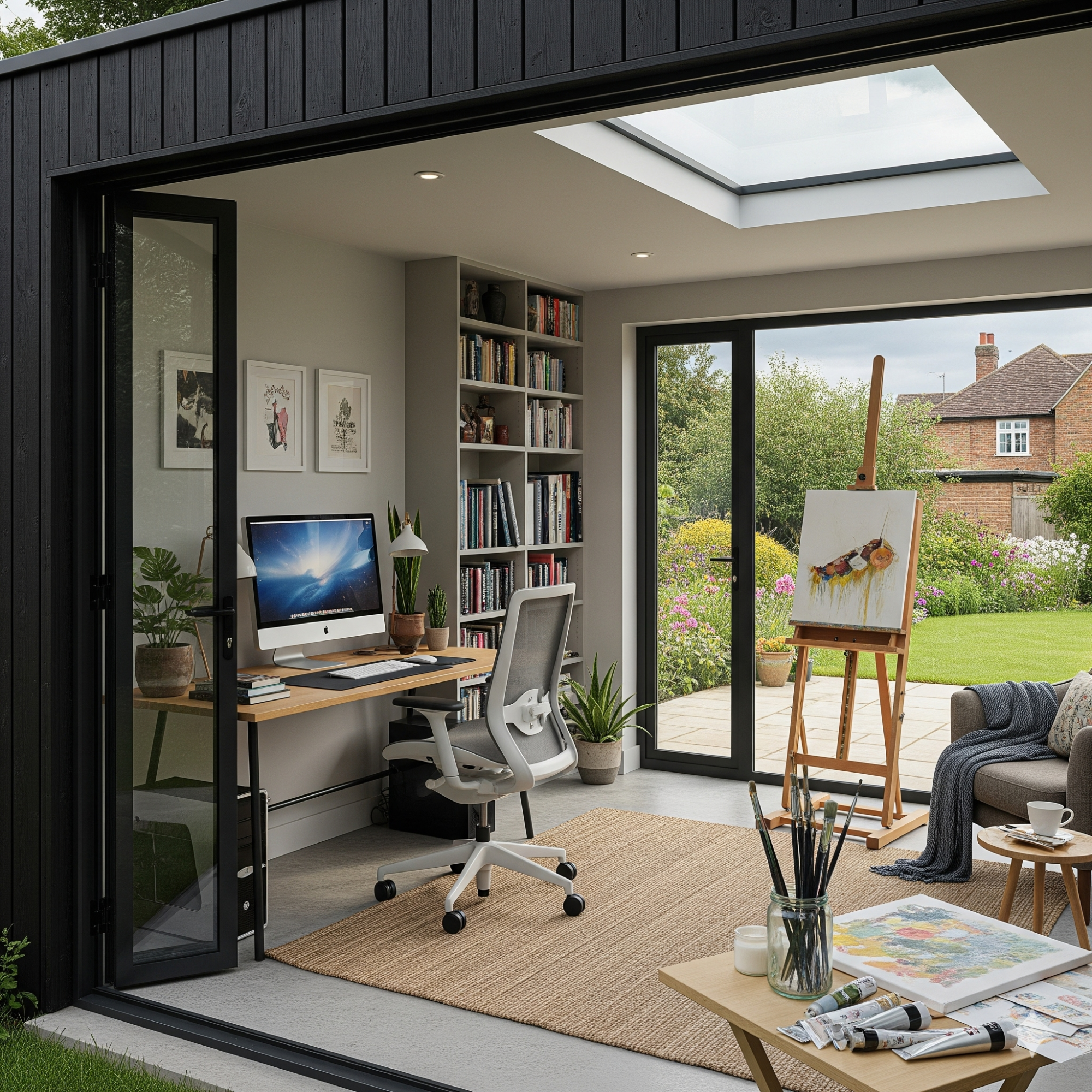 Garden Room A modern home office with a desk, chair, bookshelves, and an easel in a garden setting.
