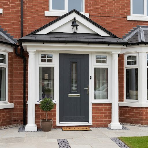Front entrance of a red-brick house with a dark grey door and decorative columns.