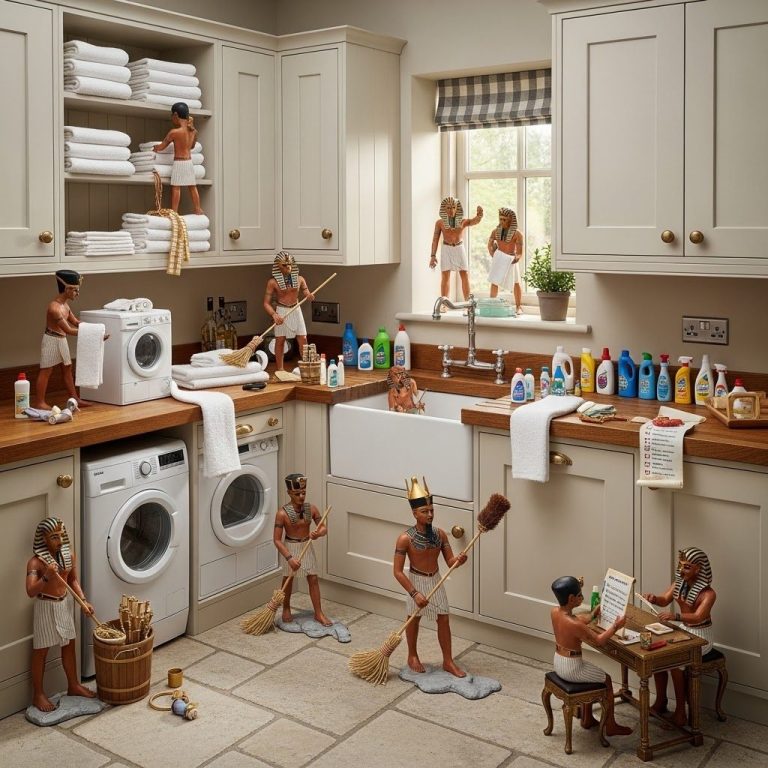 UK Utility Room A whimsical scene of miniature figures cleaning and organising a laundry room.
