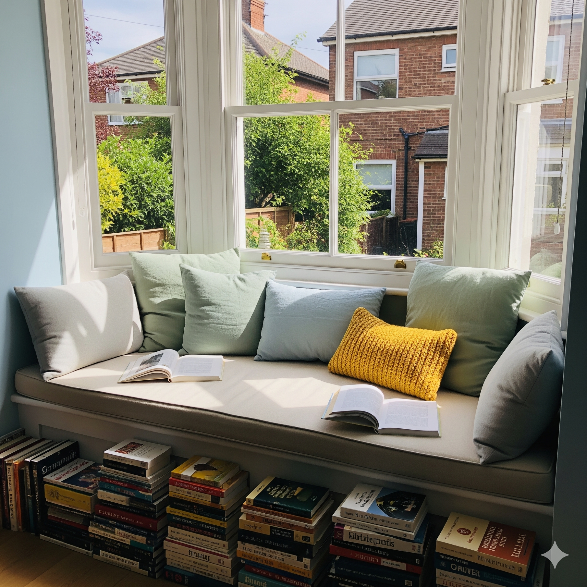 The Classic Window Seat A cosy window seat with cushions, books, and a view of a garden and houses.