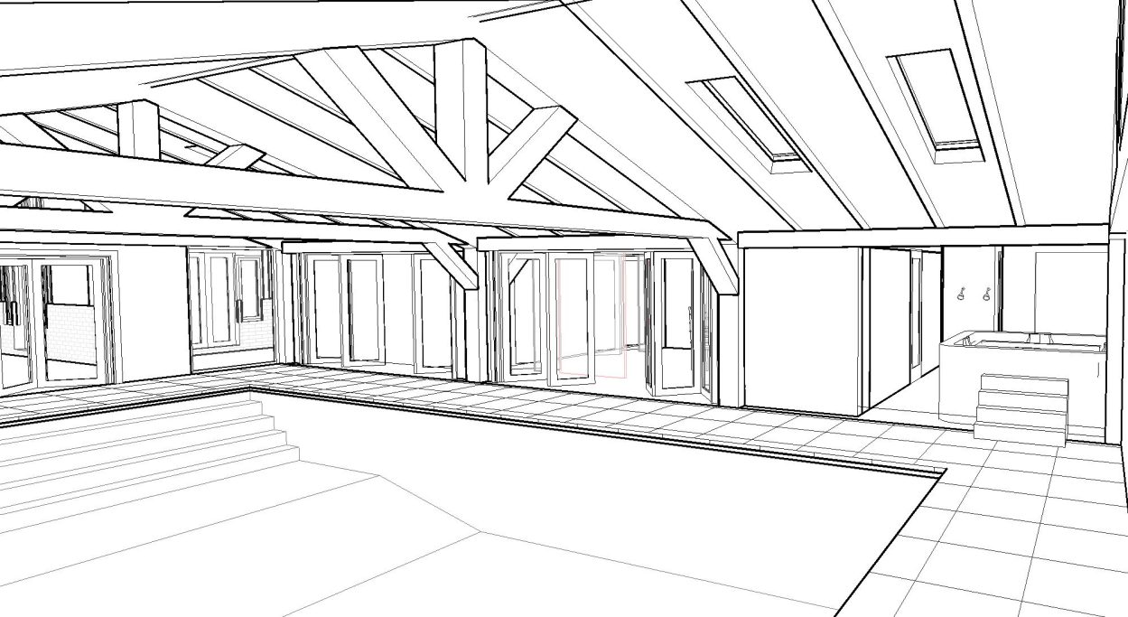 3D view 04 Outline of a spacious indoor pool area with exposed beams and large windows.