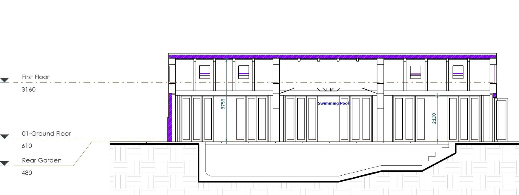 Proposed horizontal section Architectural section drawing showing a building layout with labelled dimensions.
