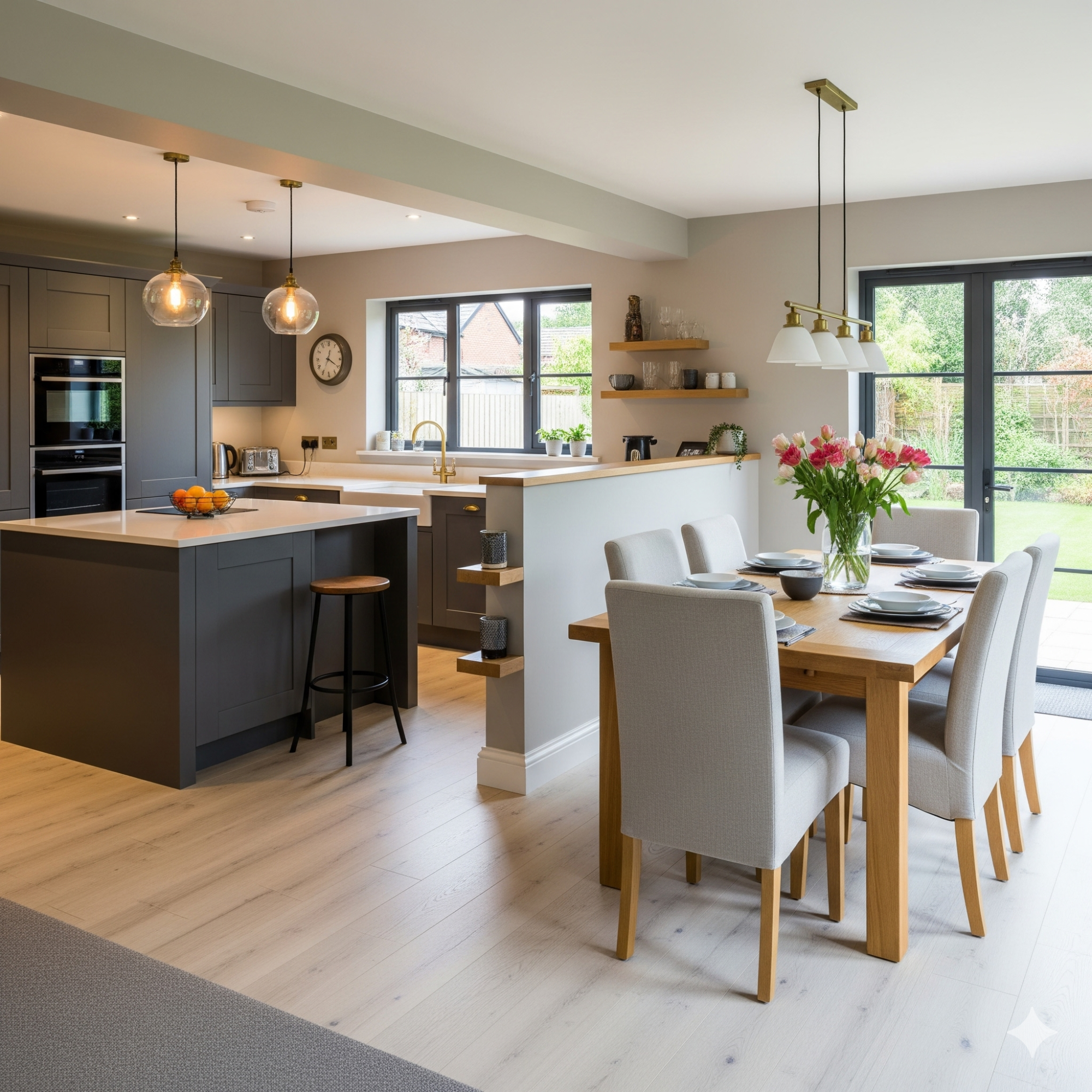 Broken-Plan Living Modern kitchen and dining area with a table set for four, featuring grey and wooden tones.