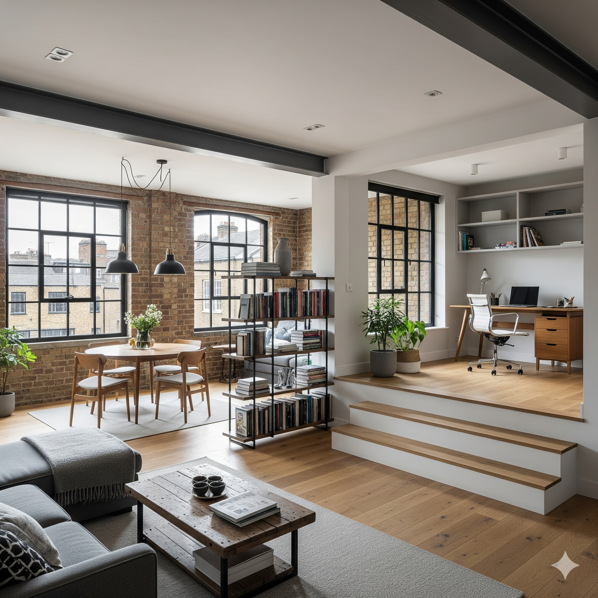 Broken-Plan Modern open-plan living space with a dining area, desk, and large windows.