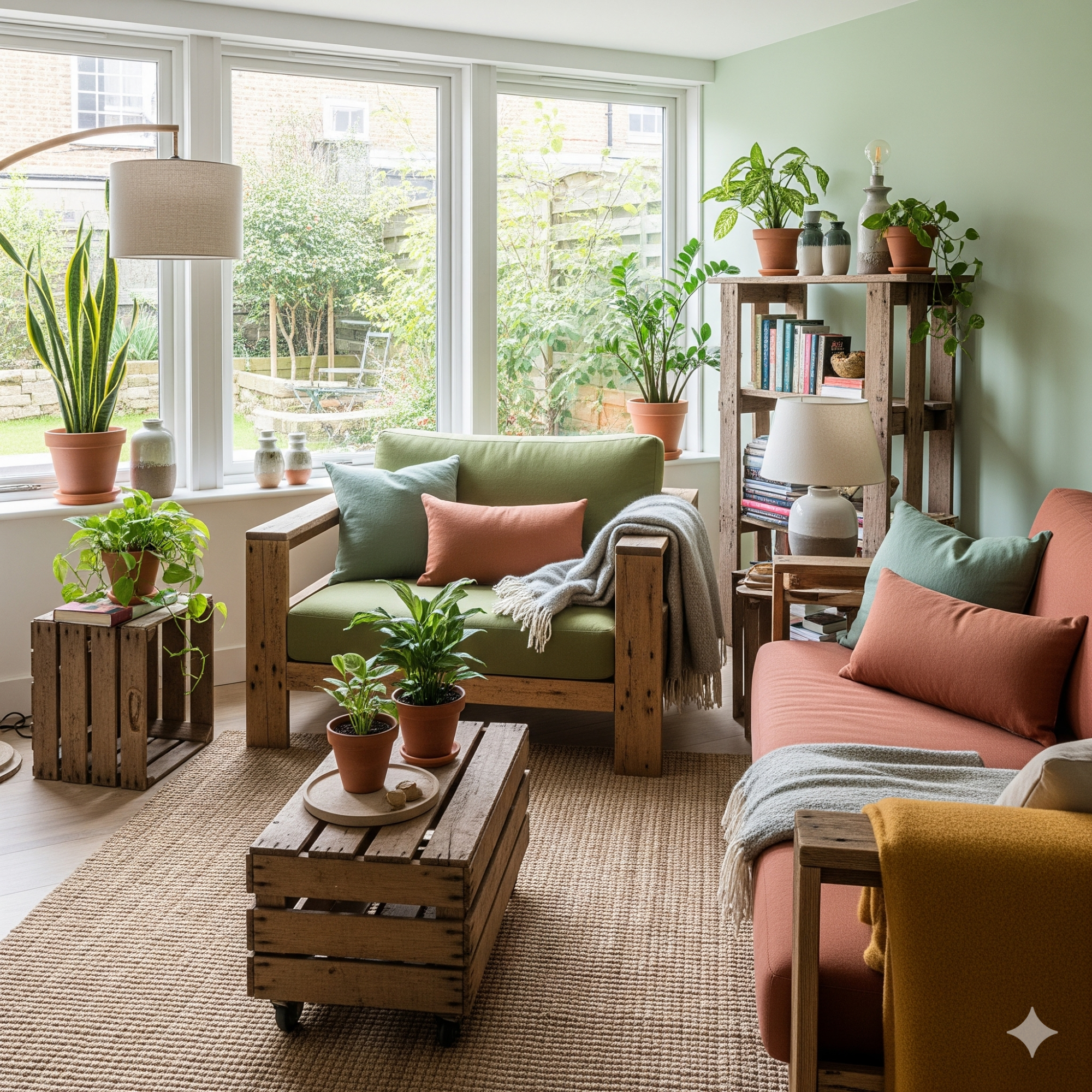 Sustainability A cosy living room with wooden furniture, plants, and soft cushions in calming colours.