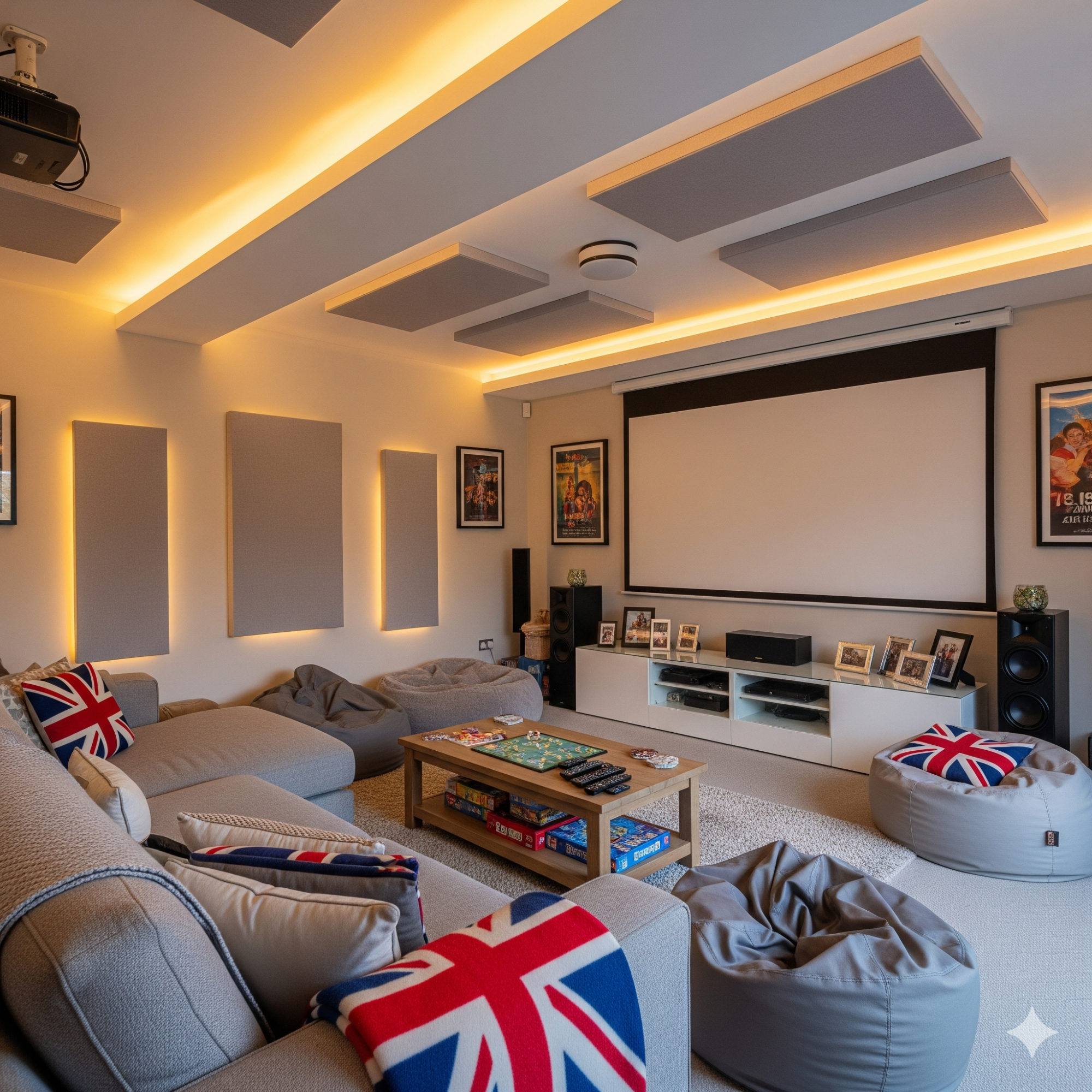 Multi-purpose Family Home cinema with comfortable seating, British-themed cushions, and soft lighting.