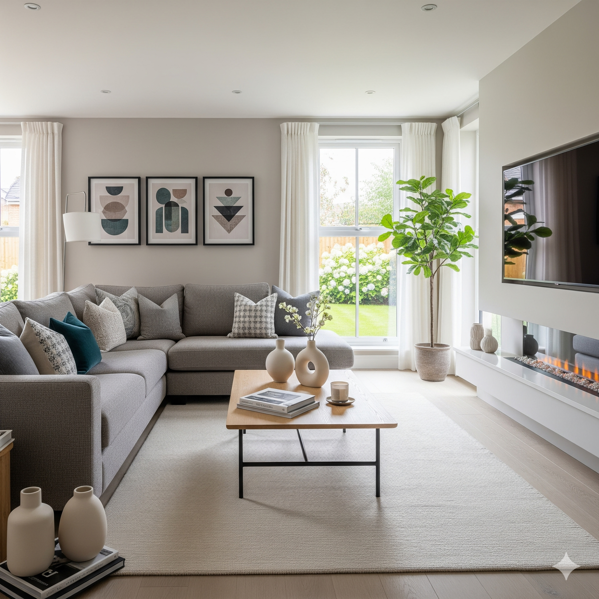 Modern & Contemporary Modern living room with a grey sofa, decorative cushions, artwork, and a fireplace.