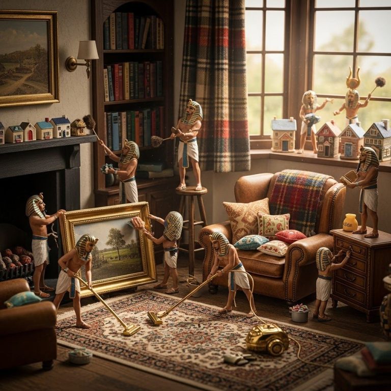 UK Snug Room Miniature figures of ancient Egyptian workers tidying a cozy interior with a sofa and fireplace.