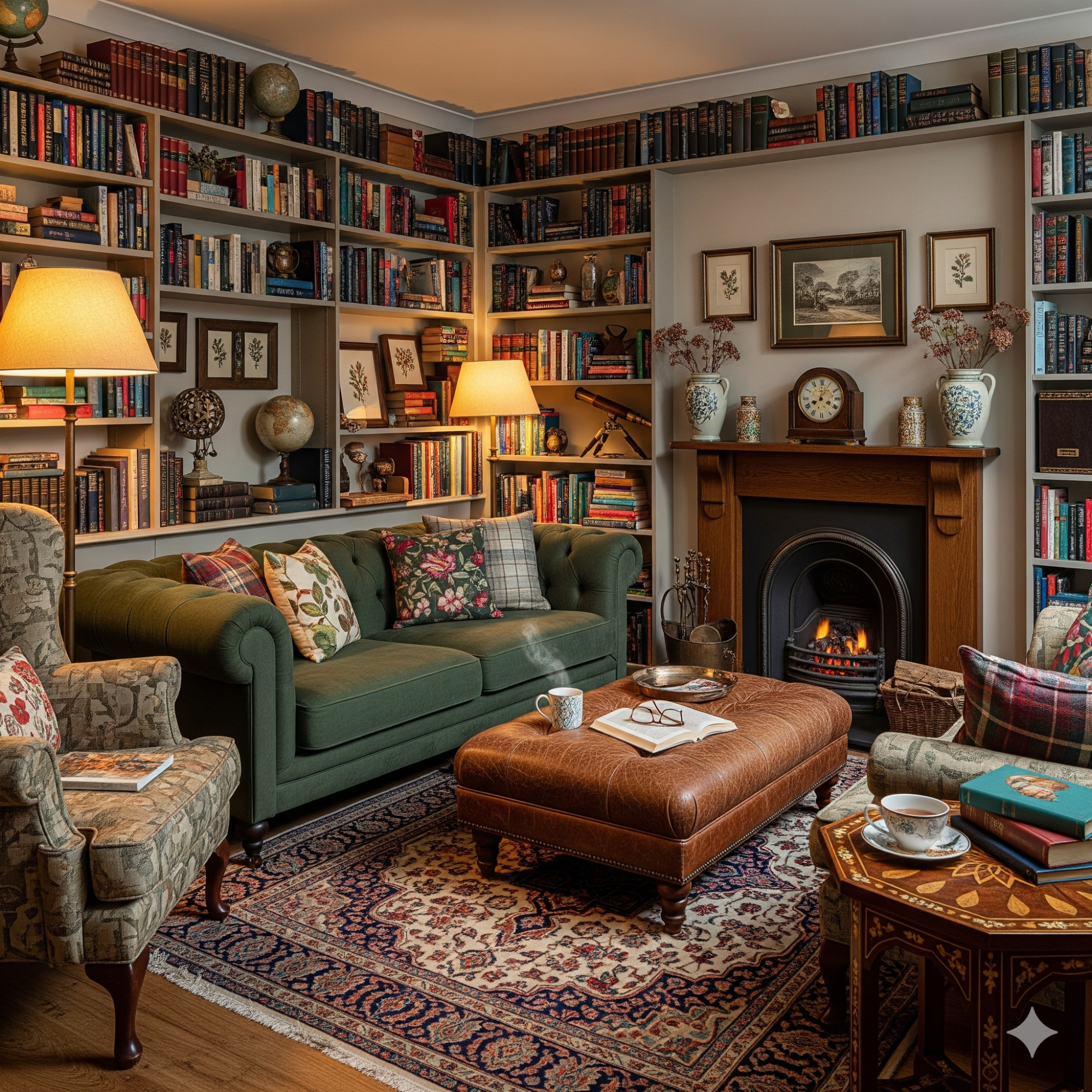The Eclectic Library Cozy living room with bookshelves, a fireplace, and comfortable furniture.
