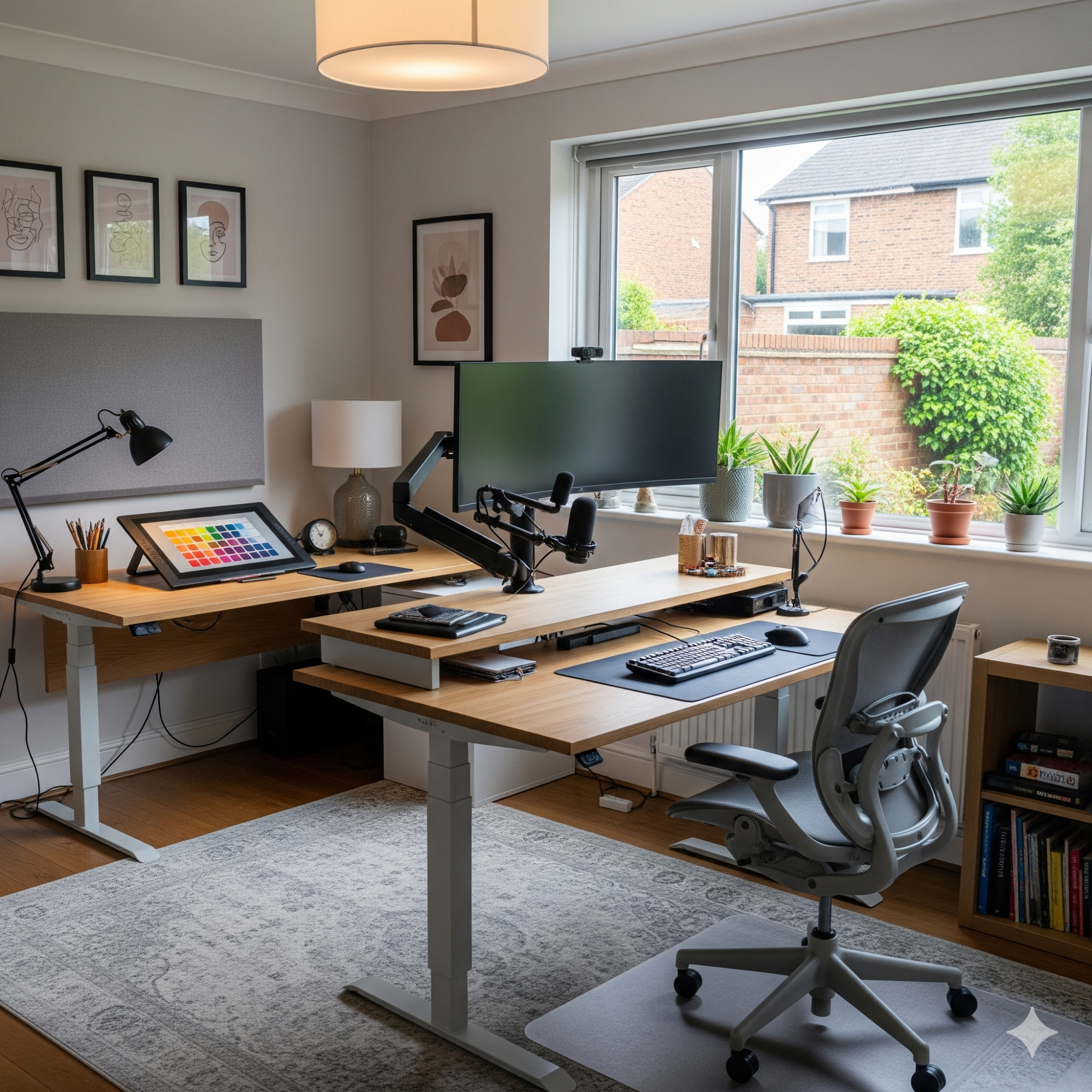 Ergonomics Modern home office with two desks, computer monitors, and plants by the window.