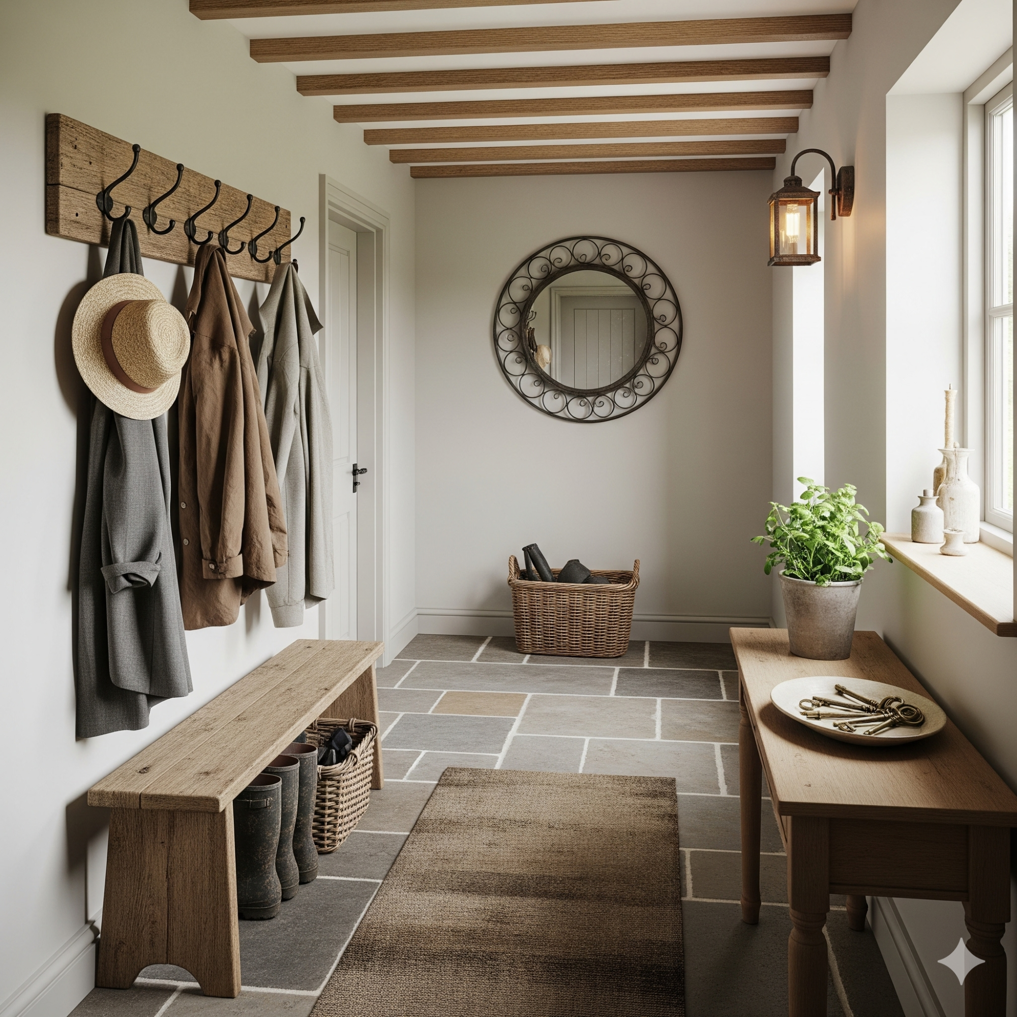 Functional Farmhouse Rustic A stylish hallway with a coat rack, mirror, benches, and a basket, featuring soft natural lighting.