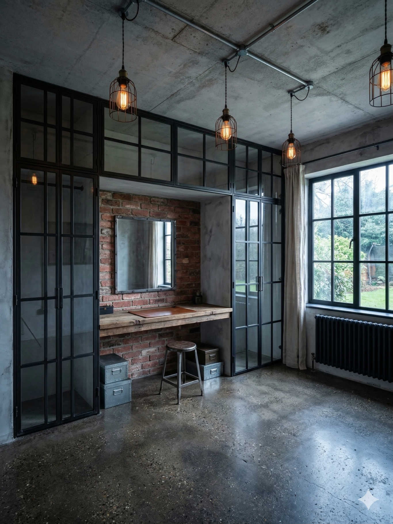 Modern Industrial Industrial-style room with brick walls, a wooden desk, and metal-framed windows.