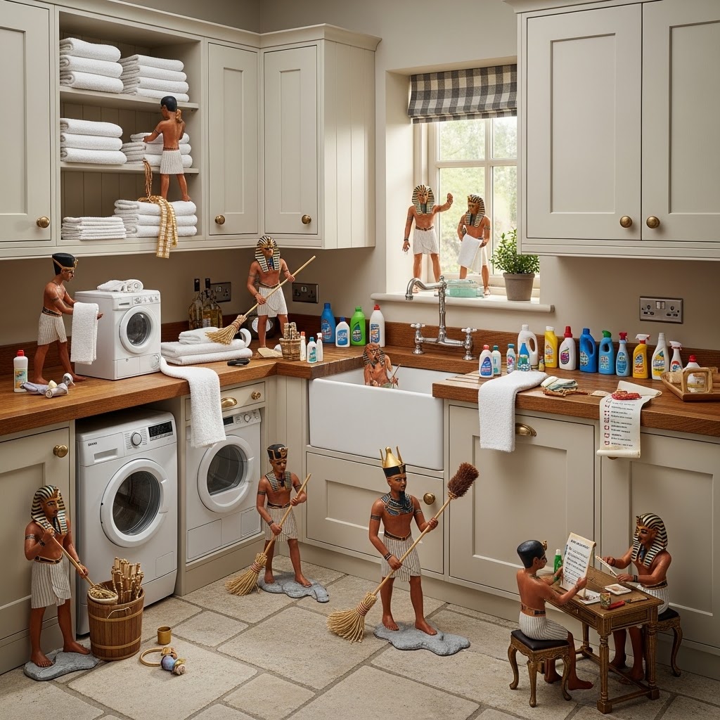 Utility Room Small figures mimicking household chores in a tidy kitchen and laundry room setting.