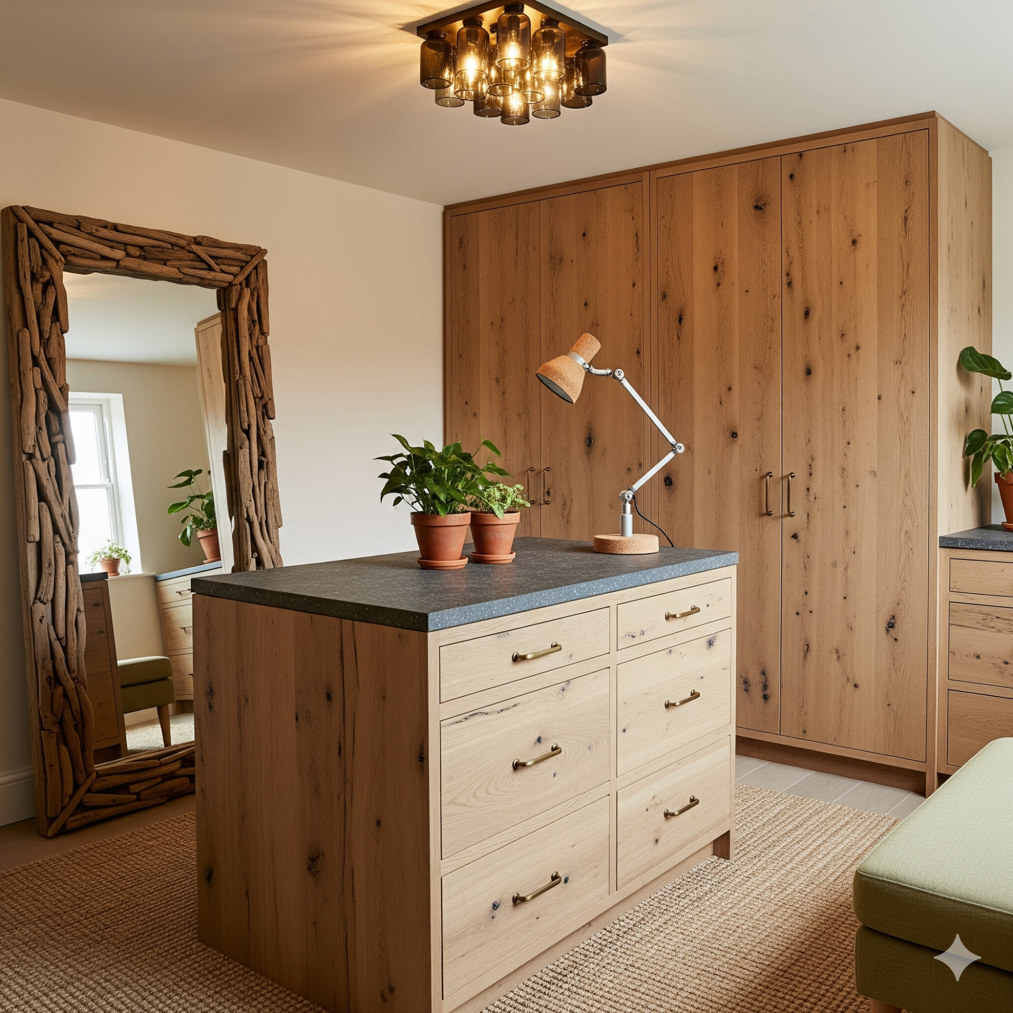 Sustainable Materials Modern wooden bedroom with a dresser, mirror, pendant light, and potted plants.