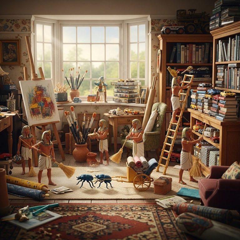 UK home Hobby Room/Studio Creative artist's studio filled with miniature figures, art supplies, and books.