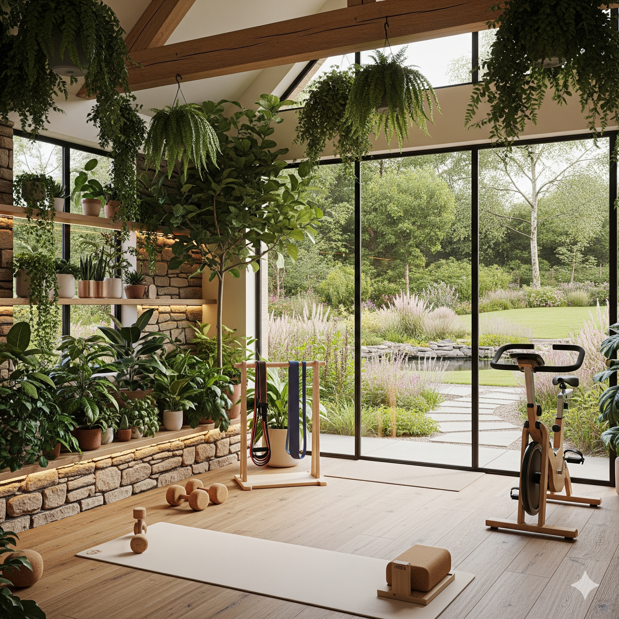 Biophilic Design Bright home gym with plants, exercise equipment, and large windows overlooking a garden.