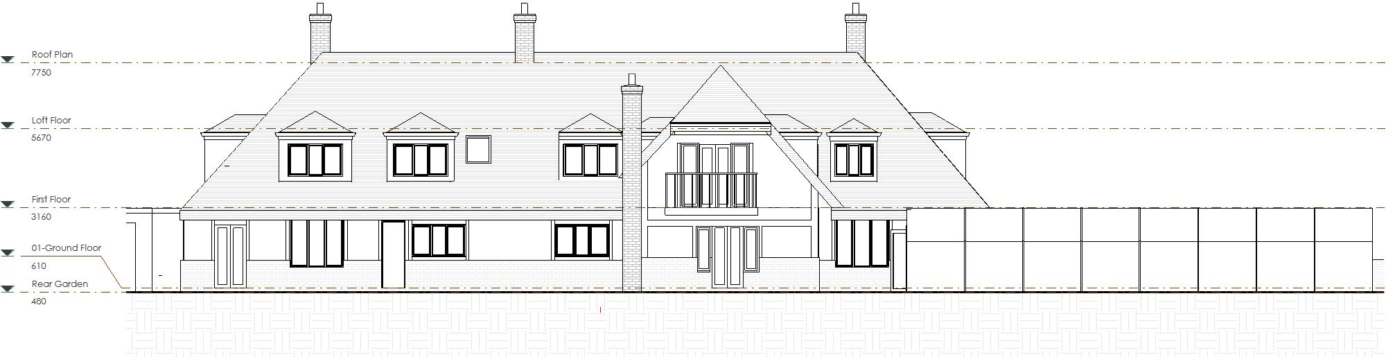 Existing Rear Elevation Architectural elevation of a house with a symmetrical design and front porch.