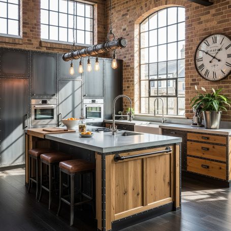 UK kitchen Modern kitchen with wooden island, industrial lighting, and large windows.