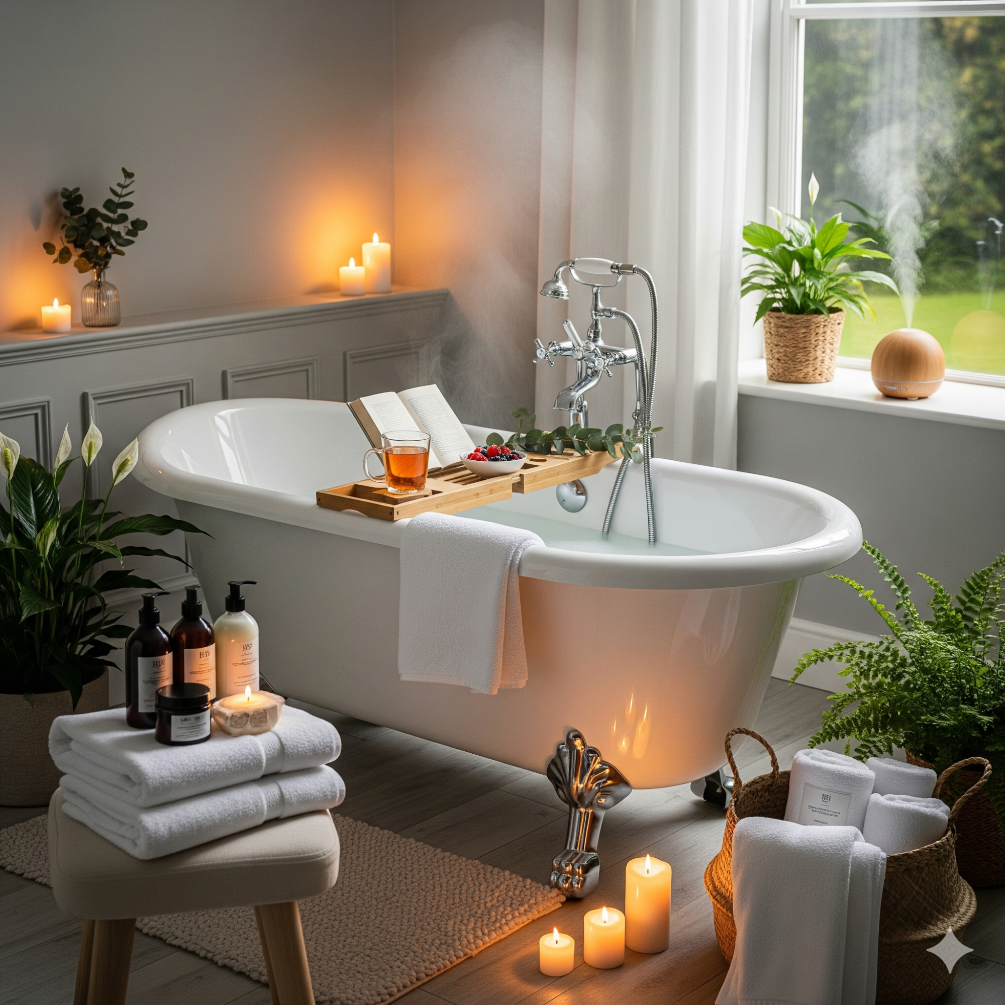 Bringing the Spa Home A stylish bathroom with a freestanding tub, candles, plants, and a wooden tray with a book.