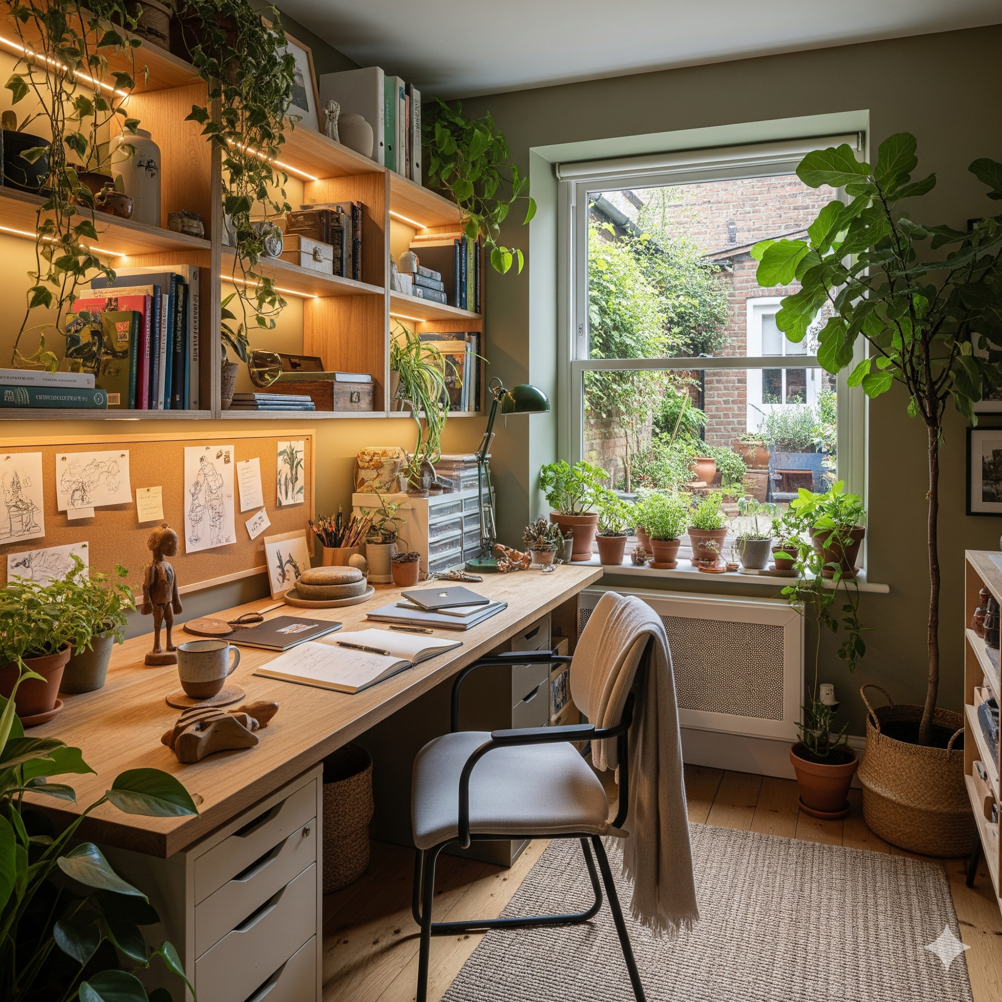 Biophilic Design A cozy home office with plants, a wooden desk, and shelves filled with books and decor.