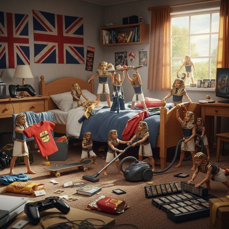 UK Teenage Den A messy bedroom with doll-sized figures engaging in various chores and activities.