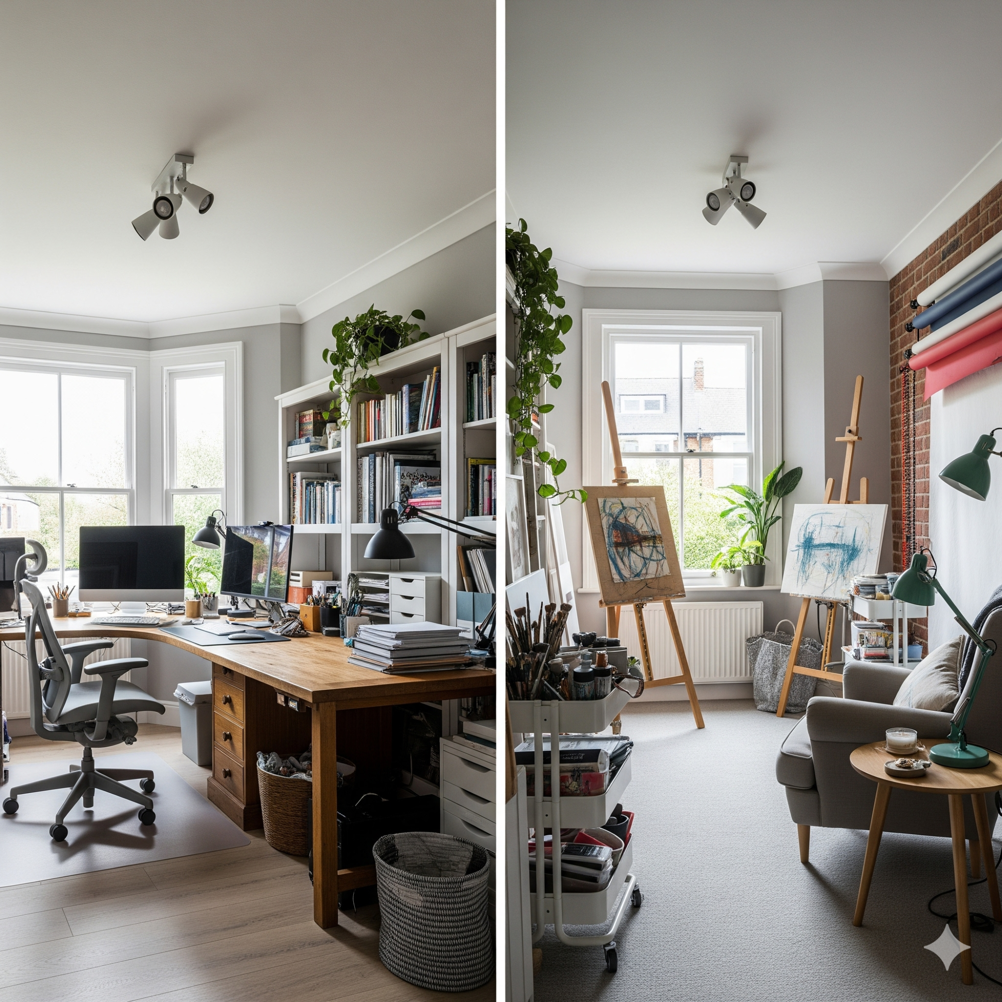 Multifunctional Spaces Bright and stylish home office with a desk, shelves, and art easels by windows.