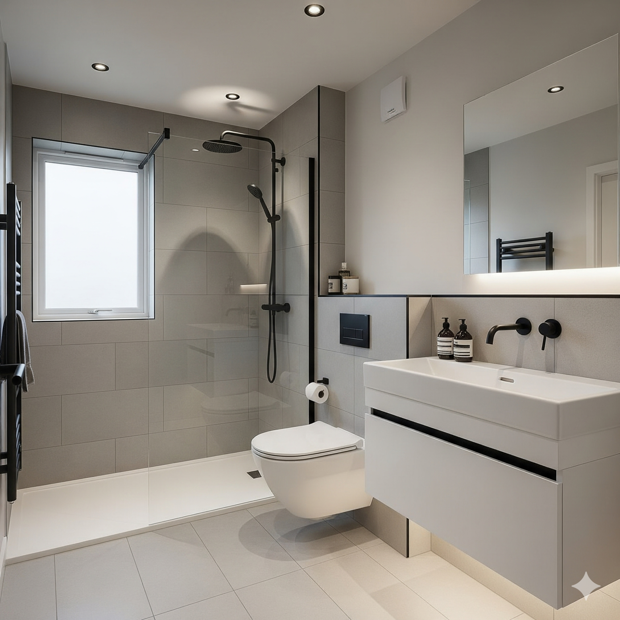 Modern Minimalist Modern bathroom featuring a walk-in shower, toilet, sink unit, and large mirror.