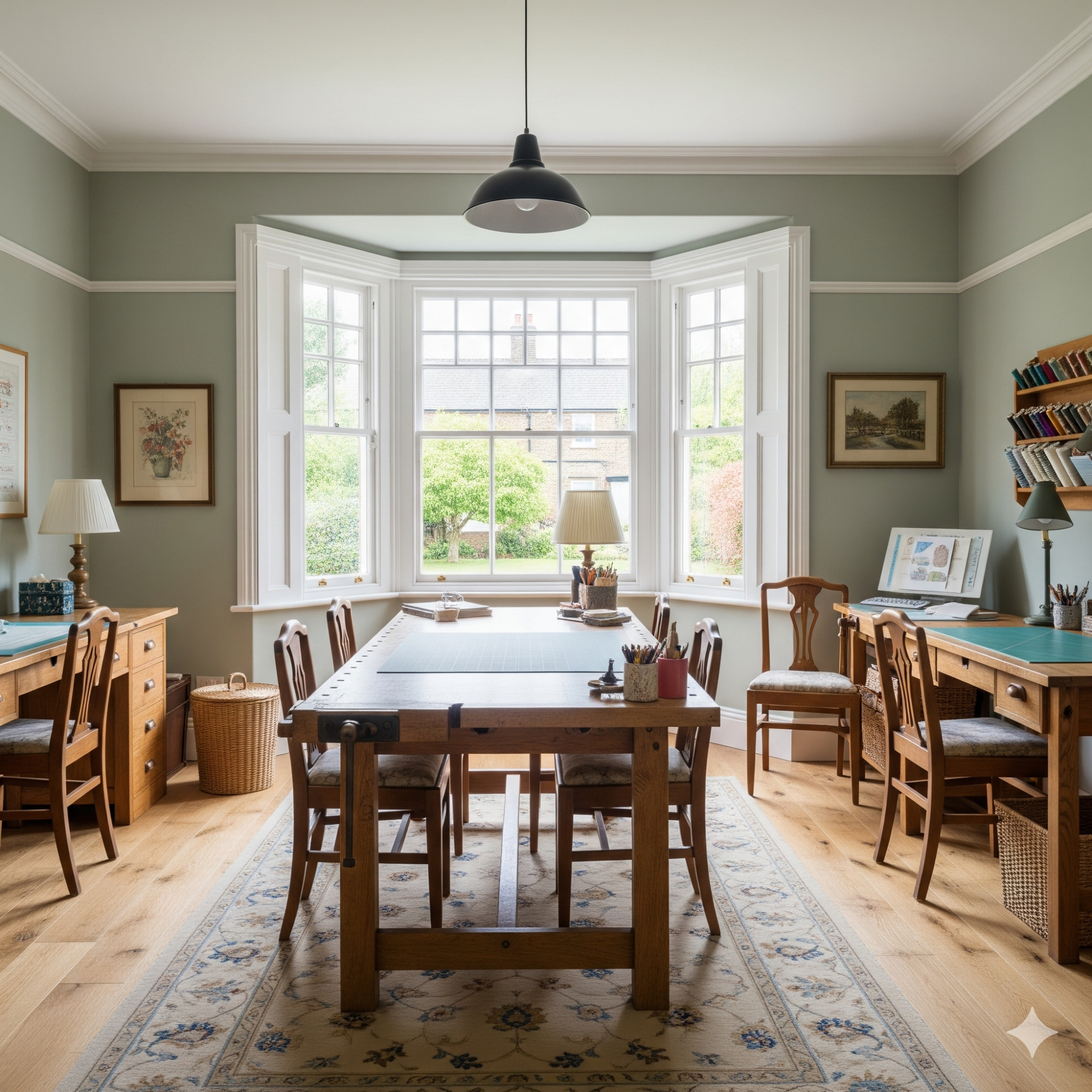 The Classic & Timeless Craft Room Bright, inviting study with wooden furniture and large window overlooking greenery.
