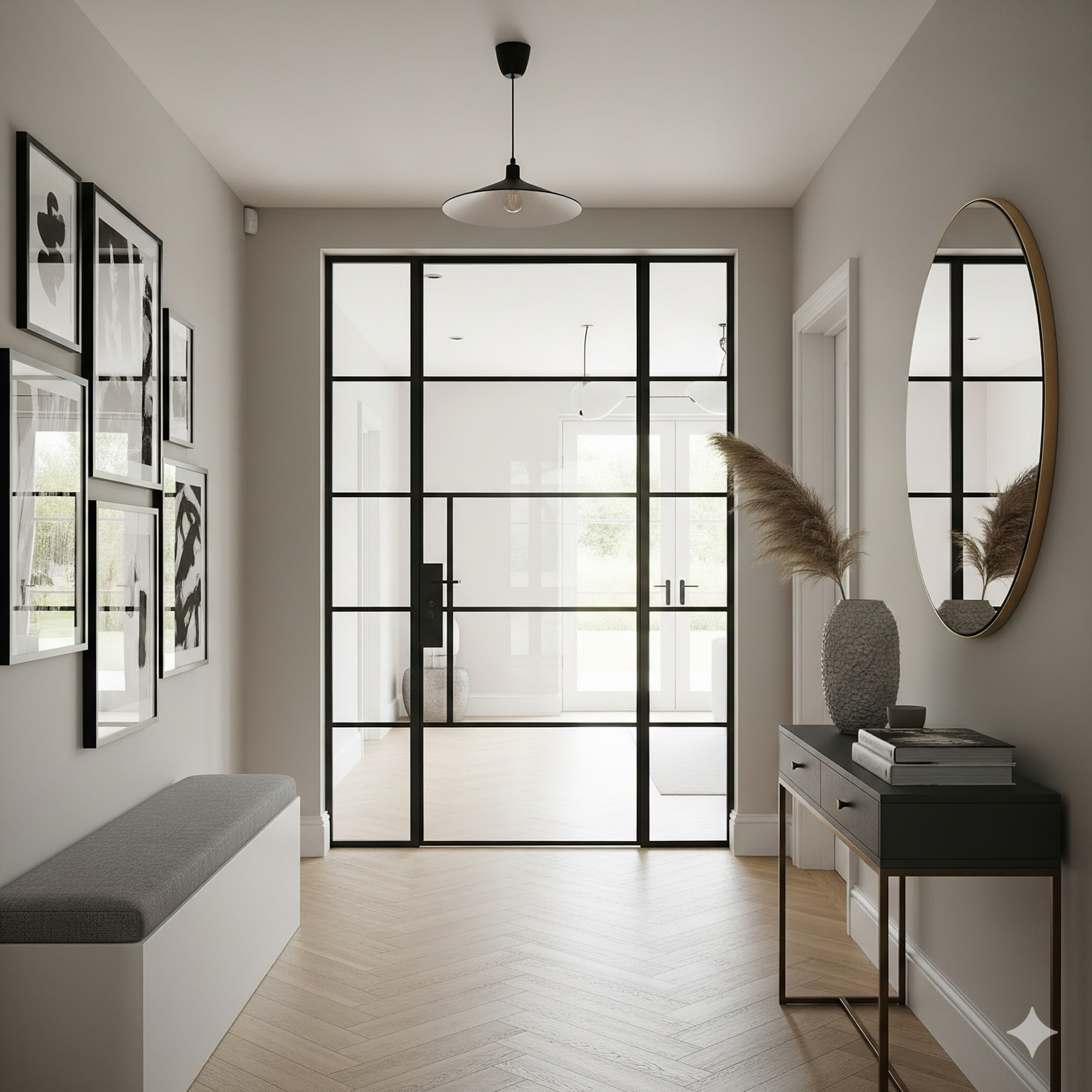Crittall-Style Doors Modern hallway featuring a bench, mirror, and framed artwork with a sleek glass door.