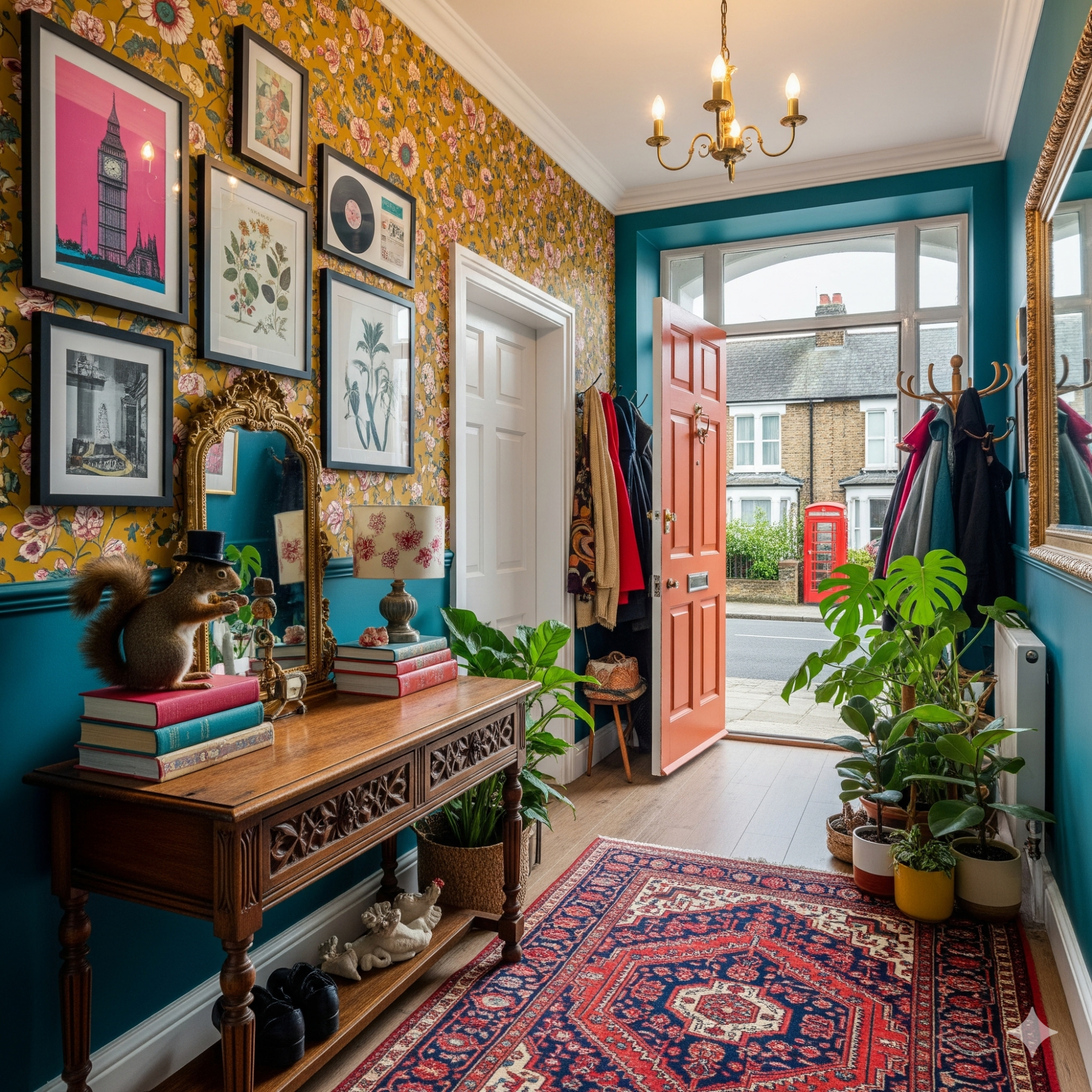 Bold & Eclectic Bright hallway with patterned wallpaper, a decorative table, and an open front door.