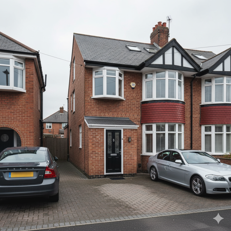 Front Porch Extension in Ealing, London Semi-detached house with a black door, two cars parked in front, grey sky.